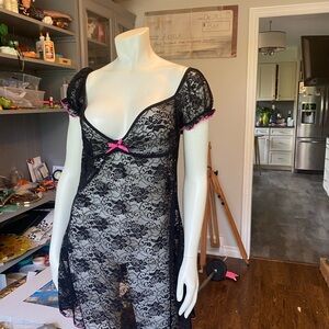 Elegant Black Lace Nightgown with Pink Accents